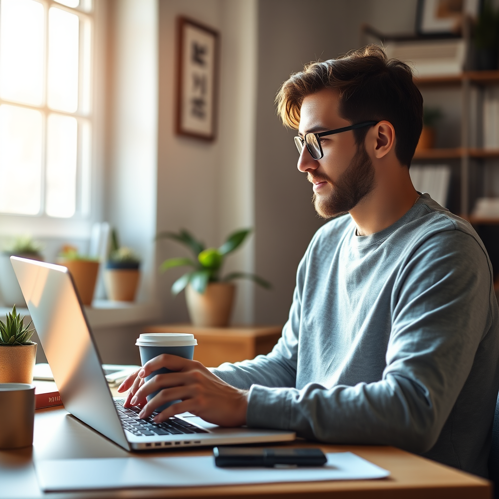 Freelancer working remotely with a laptop and coffee