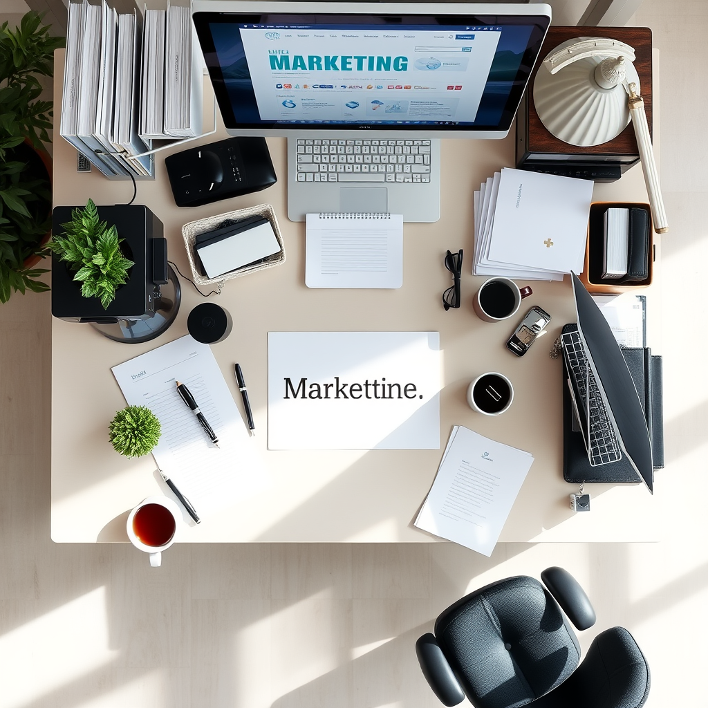 Overhead shot of marketing tools on a desk