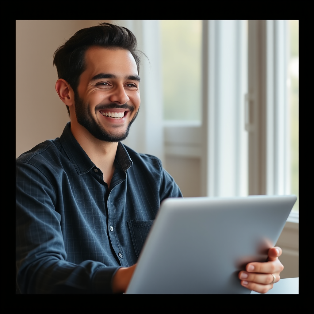Person working on laptop with positive emotion