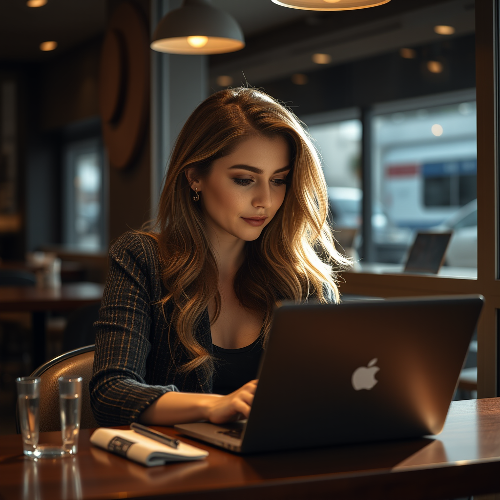 Woman working remotely at a coffee shop